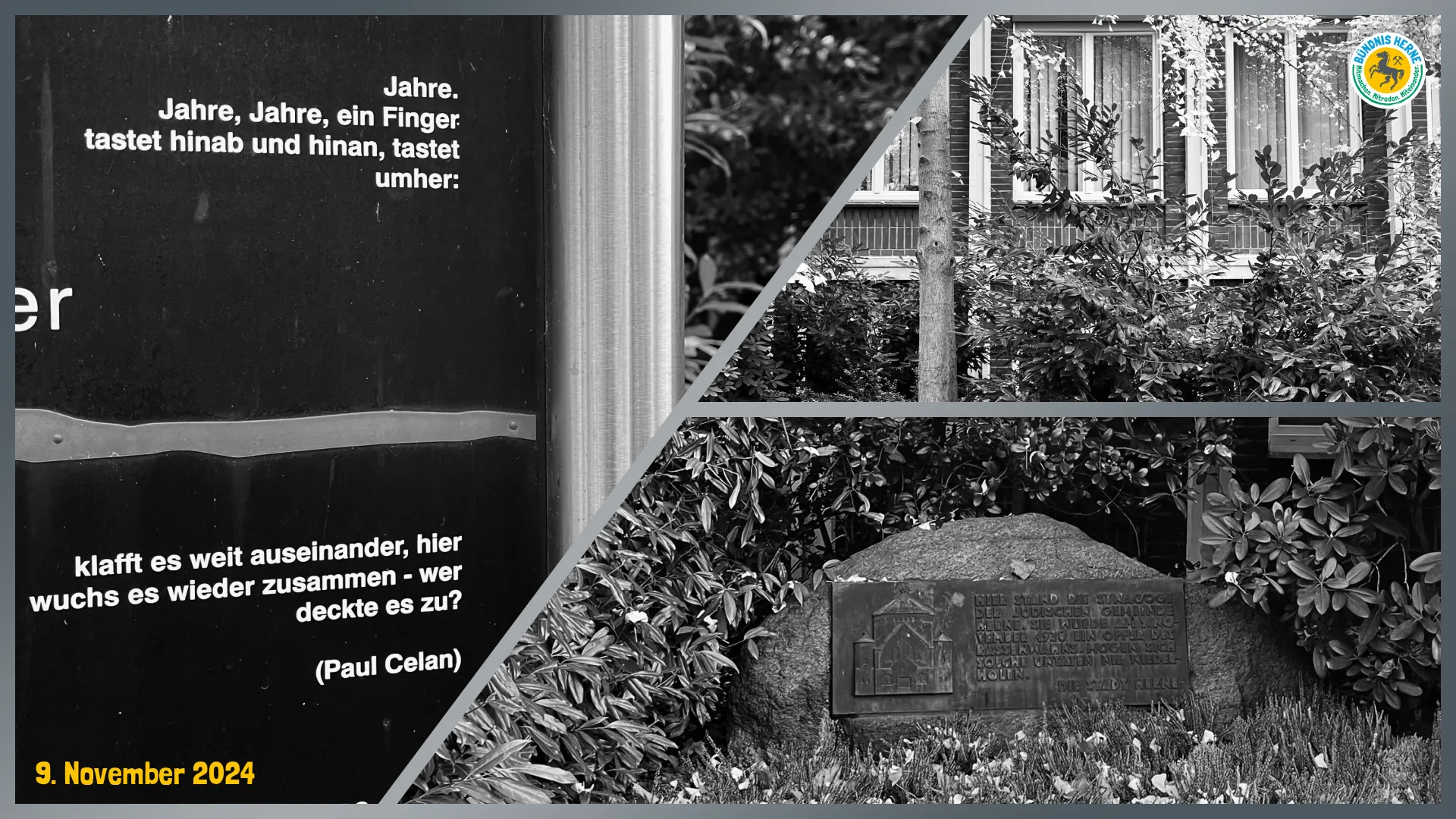 Fotokollage der Erinnerungstafel am Standort der alten Synagoge Herne