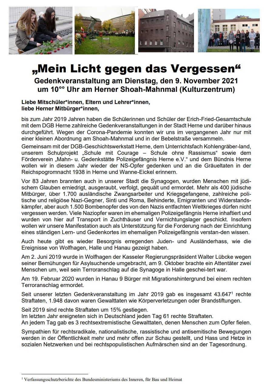 Flyer "Mein Licht gegen des Vergessen"