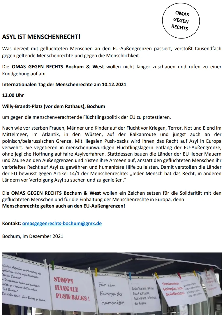 Flyer der Omas gegen Rechts "Asyl ist Menschenrecht"